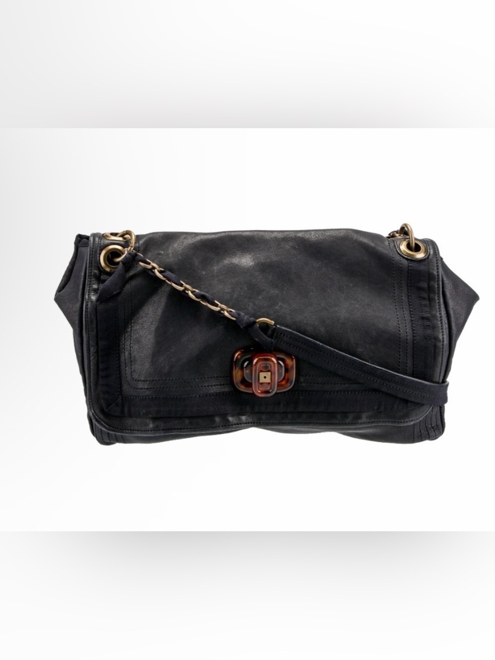 Blue Leather Chain-Trim Shoulder Bag